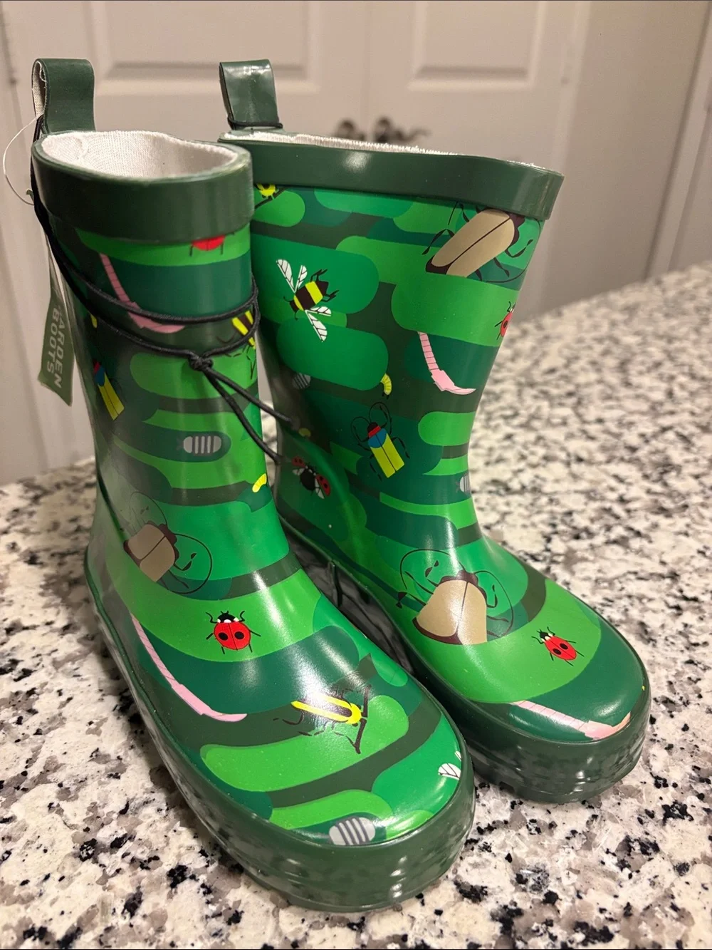 Kids Green Rain Boots with Bug Print